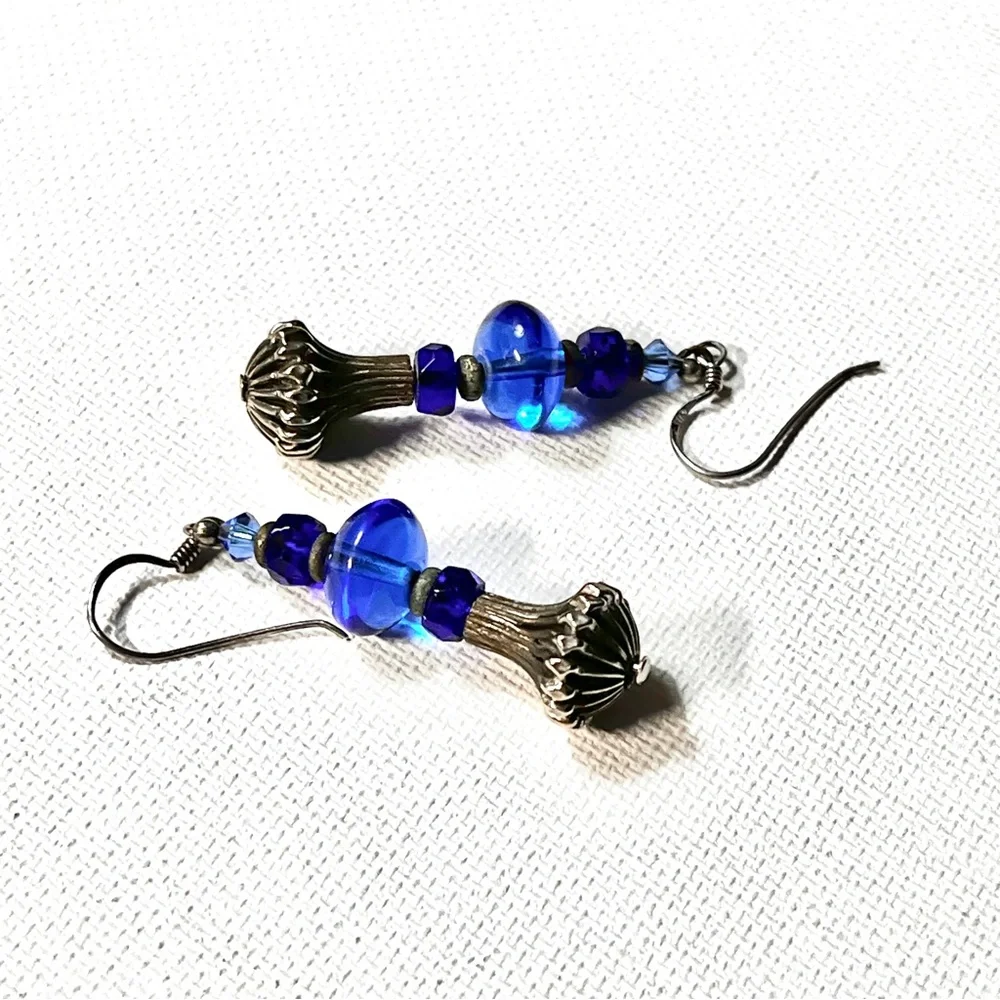 Cobalt Blue Glass & Silver-tone Beaded Pierced Earrings Handmade  2